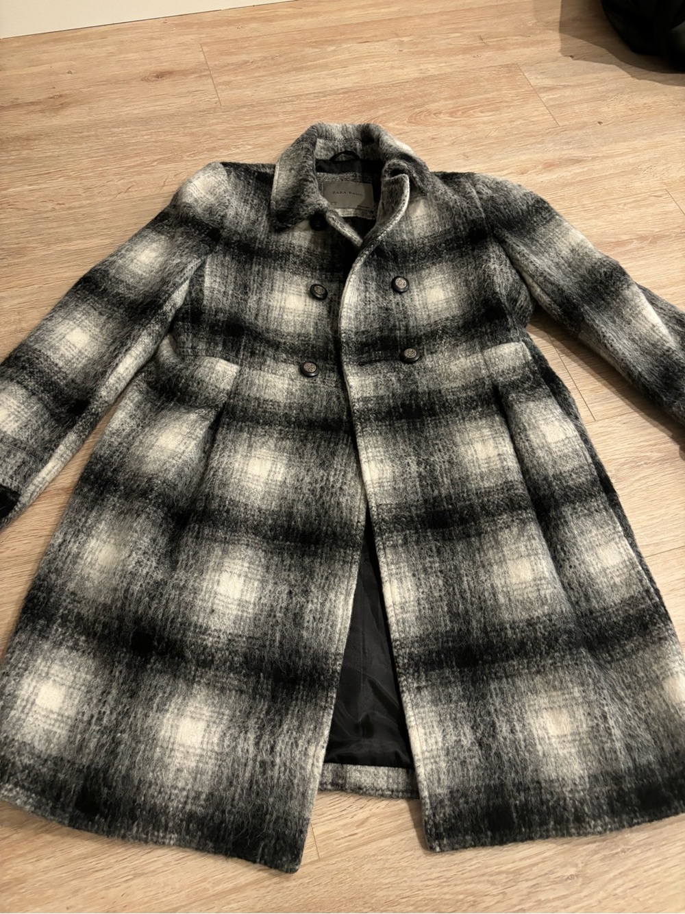Zara Gray & Black Plaid Double-Breasted Peacoat